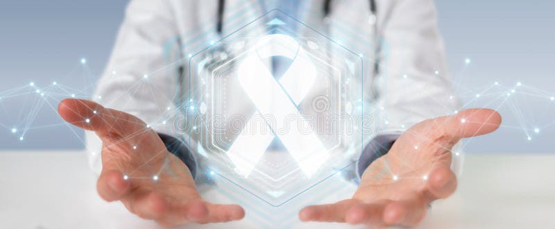 Doctor using digital ribbon cancer interface 3D rendering stock illustration Doctor using digital ribbon cancer interface 3D rendering stock illustration