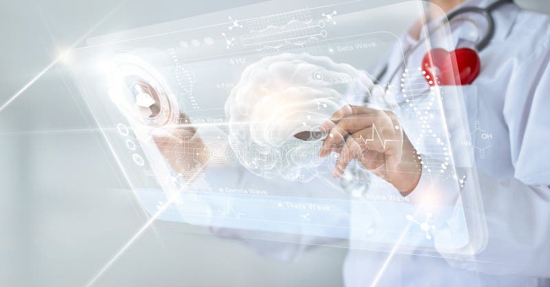 Doctor checking brain testing result with computer interface stock image