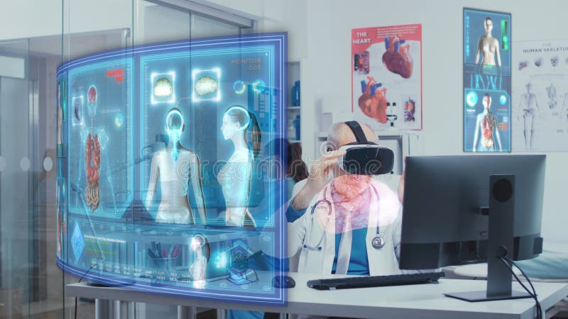 Doctor checks body scans using vr stock illustration