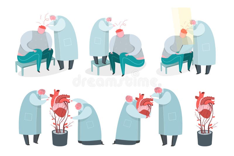 Doctor, cirujano y psicólogo trabajando con el corazón y el cerebro humanos stock de ilustración Doctor, cirujano y psicólogo trabajando con el corazón y el cerebro humanos stock de ilustración