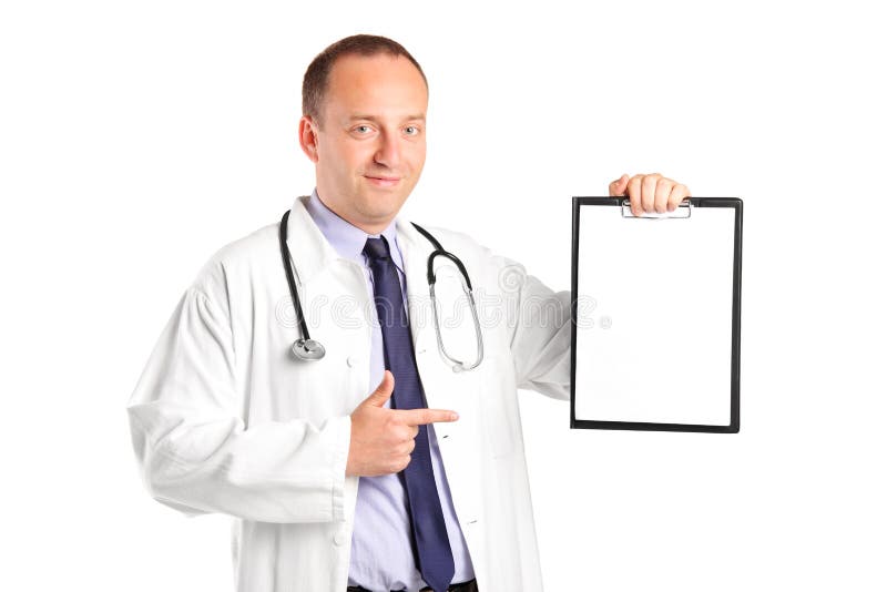 A medical doctor with stethoscope pointing on a clipboard isolated on white background. A medical doctor with stethoscope pointing on a clipboard isolated on white background