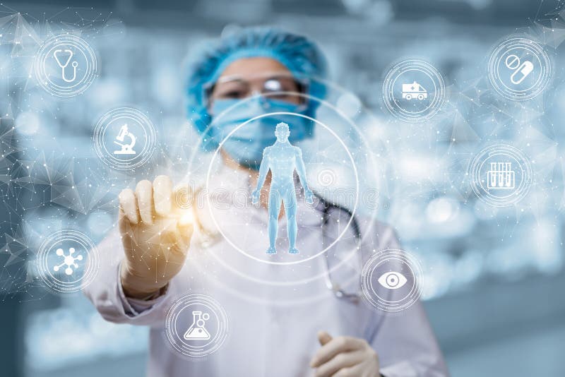 Doctor conducts research testing the patient on a virtual screen stock photos