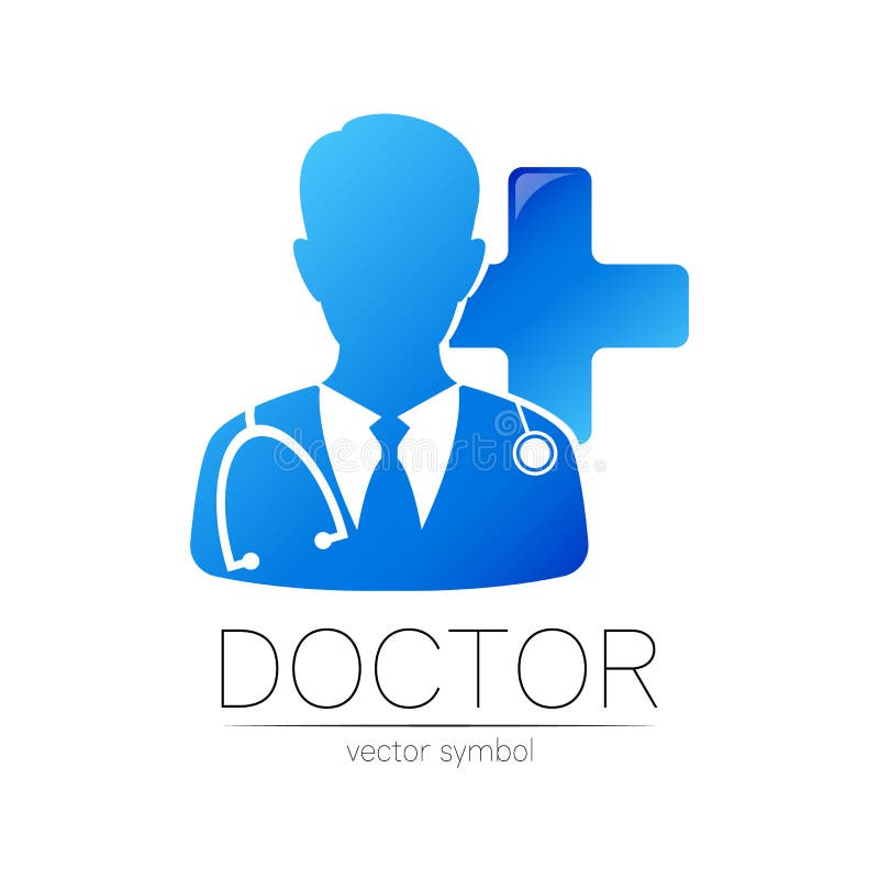 Doctor cu siglă vectorială mare în culori albastre. om medical siluetă cu cruce. sigla pentru spitalul clinic stock illustration