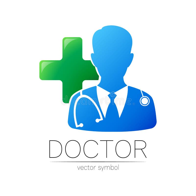 Doctor cu siglă vectorială verde mare în albastru. om medical siluetă cu cruce. sigla pentru spitalul clinic royalty free illustration