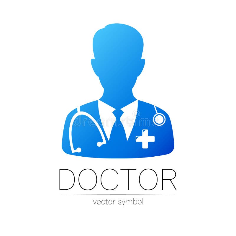 Doctor cu siglă vectorială încrucișată în culori albastre. om medical siluetă cu cruce. sigla pentru sănătatea spitalului vector illustration