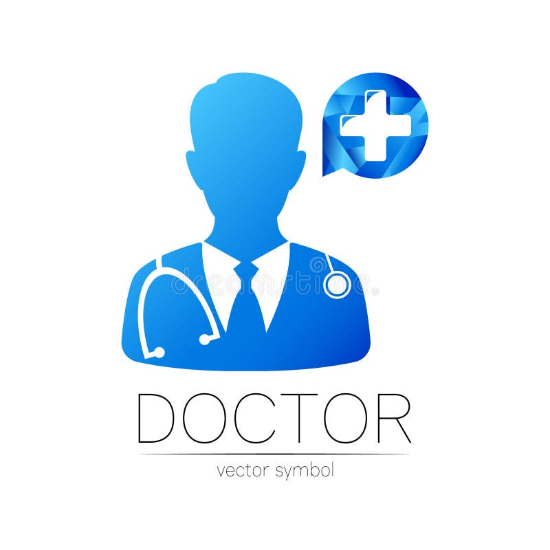 Doctor cu siglă vectorială încrucișată în culori albastre. om medical siluetă cu cruce. sigla pentru sănătatea spitalului vector illustration