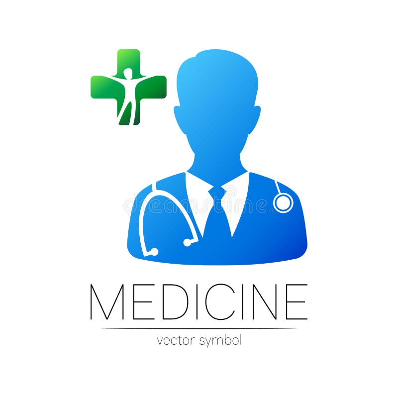 Doctor cu siglă vectorială încrucișată în culori albastru și verde. om medical siluetă cu cruce. sigla pentru spitalul clinic vector illustration