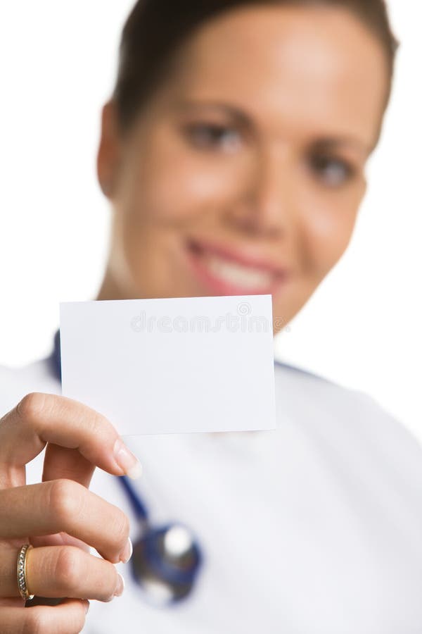 Doctor cómodo con una tarjeta de visita blanca en blanco imágenes de archivo libres de regalías Doctor cómodo con una tarjeta de visita blanca en blanco imágenes de archivo libres de regalías