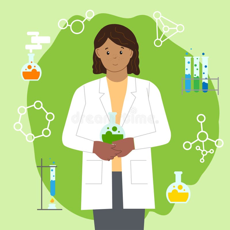 Dark-skinned girl chemist with a pointer. International Day of Women and Girls in Science. Flat style. Set icon for the chemist.