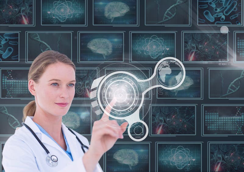 Doctor de la mujer que obra recíprocamente con los interfaces contra fondo con los interfaces médicos fotos de archivo libres de regalías Doctor de la mujer que obra recíprocamente con los interfaces contra fondo con los interfaces médicos fotos de archivo libres de regalías