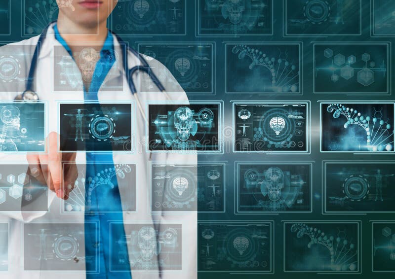 Doctor de la mujer que obra recíprocamente con los interfaces médicos imagen de archivo Doctor de la mujer que obra recíprocamente con los interfaces médicos imagen de archivo