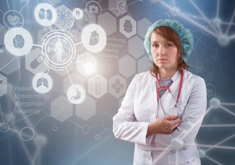 Doctor de sexo femenino hermoso e interfaz virtual del ordenador imagenes de archivo Doctor de sexo femenino hermoso e interfaz virtual del ordenador imagenes de archivo