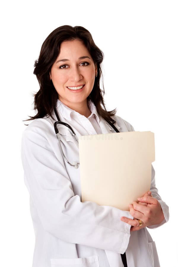 Doctor feliz con el expediente del fichero de la carta paciente imagen de archivo Doctor feliz con el expediente del fichero de la carta paciente imagen de archivo