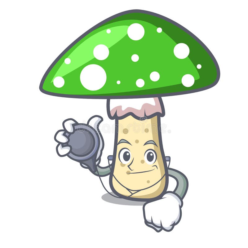 Doctor green amanita mushroom character cartoon vector illustration