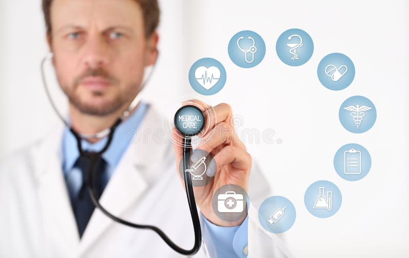 Doctor hand with a stethoscope touch screen with blue medical symbols and icons, medical care concept copy space on white