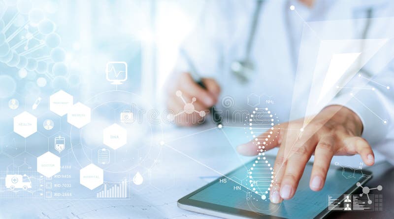 Doctor hand touching computer interface as medical network stock photo
