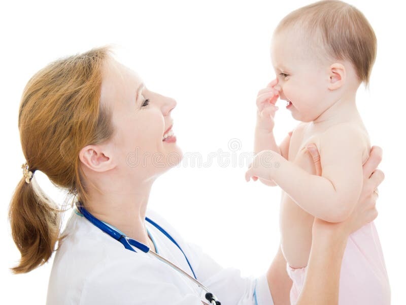 Doctor holding a baby pointing at your nose