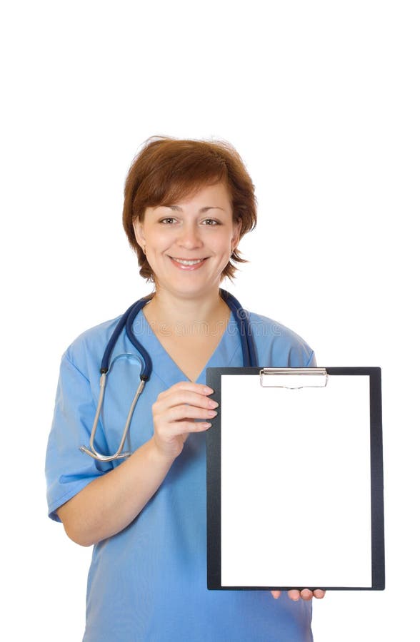 Doctor holding blank paper sheet isolated