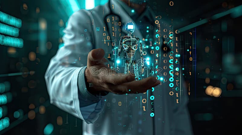 Doctor holding Chatbot with binary code, message and data. royalty free illustration