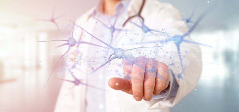 View of a Doctor holding a 3d rendering group of neurons