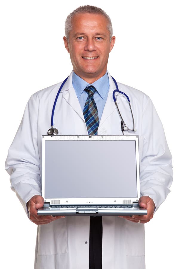 Doctor holding laptop clipping path for screen. royalty free stock image