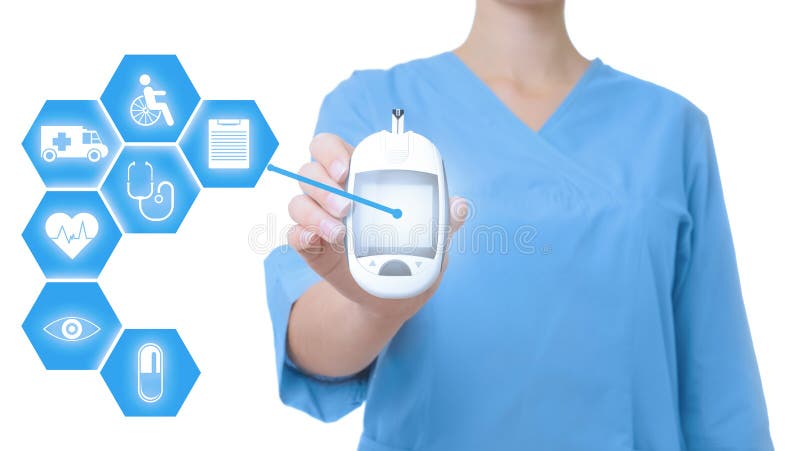 Doctor holding modern medical device and informational icons on white background royalty free stock photos Doctor holding modern medical device and informational icons on white background royalty free stock photos