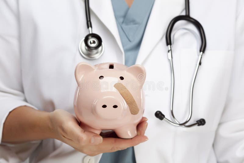 Doctor Holding Piggy Bank with Bandage on Face