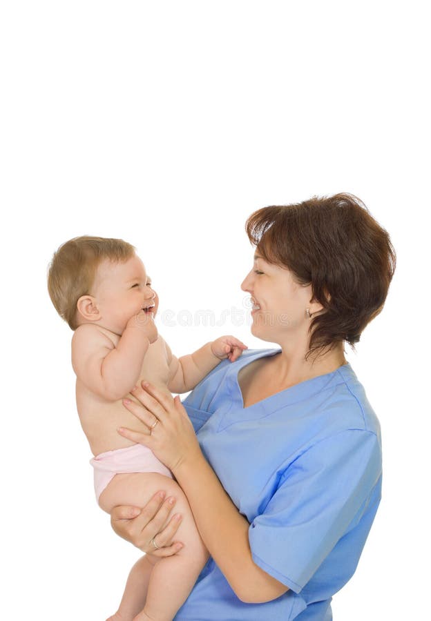 Doctor holding small smiling baby isolated 2