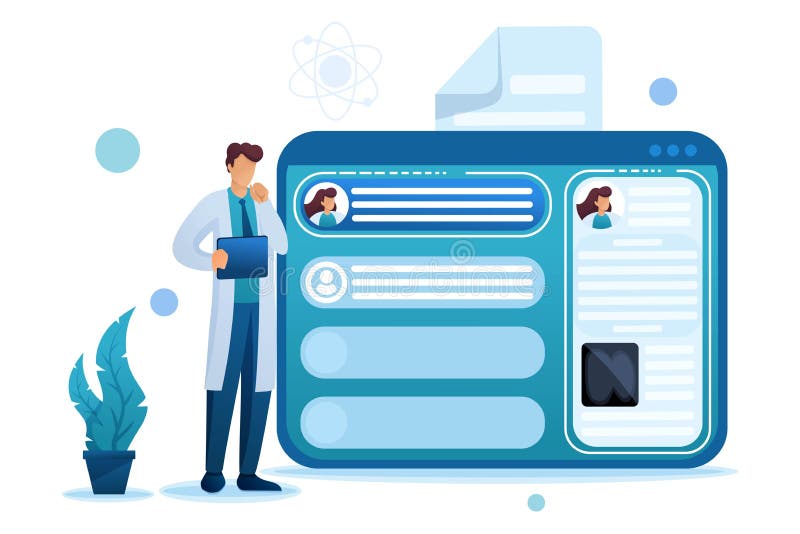 Doctor looks at the patient`s electronic chart on the tablet. Flat 2D character. Concept for web design vector illustration