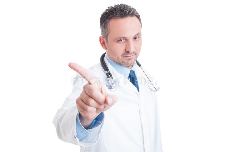 Doctor or medic saying no and making refuse gesture with index finger looking into camera isolated on white background