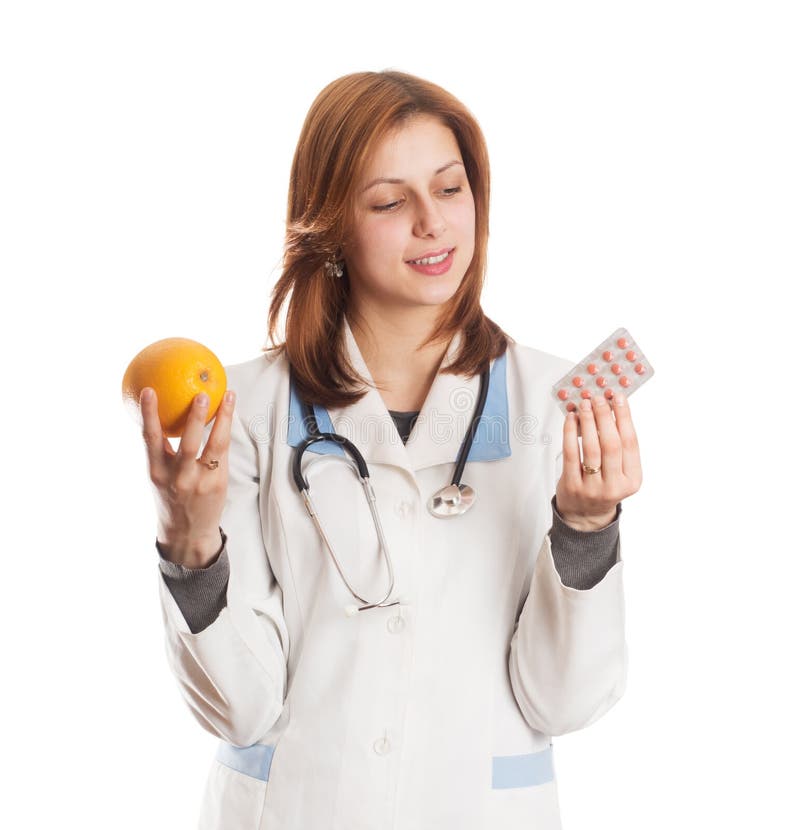 Doctor in medical uniform makes a choice between natural vitamin. 