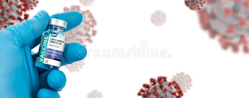 Doctor or Nurse Holding Coronavirus COVID-19 Vaccine Vial Against Molecule Background Banner