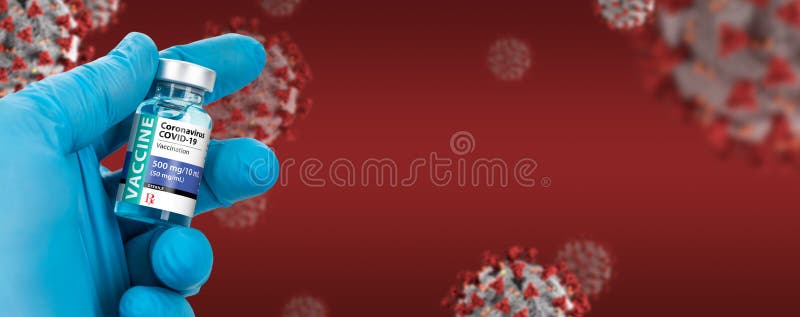 Doctor or Nurse Holding Coronavirus COVID-19 Vaccine Vial Against Molecule Background Banner