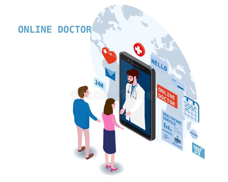 Doctor online isometry healthcare and medical consultation using a smartphone technology. Patients couple and doctor