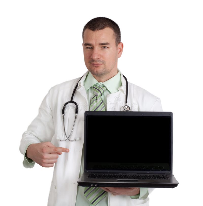 Young doctor pointing on laptop with blank screen. Isolated on white background.