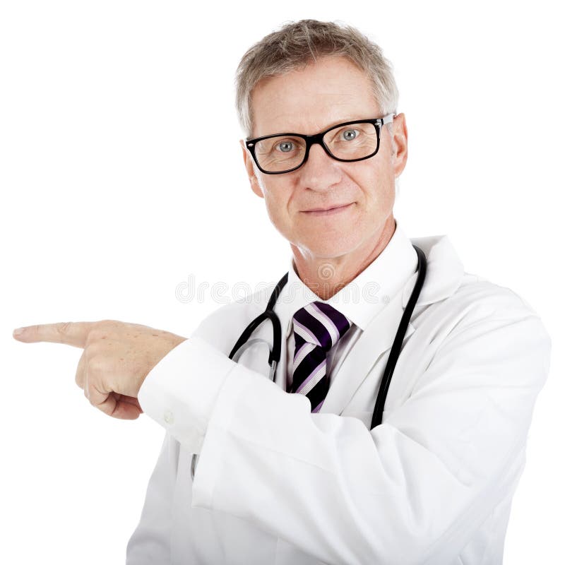Doctor pointing to the left of the frame with his finger while looking straight ahead at the camera with a serious intent expression, middle-aged man wearing glass and a lab coat isolated on white. Doctor pointing to the left of the frame with his finger while looking straight ahead at the camera with a serious intent expression, middle-aged man wearing glass and a lab coat isolated on white