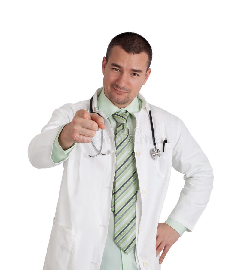 Doctor pointing at you. Isolated on white background.