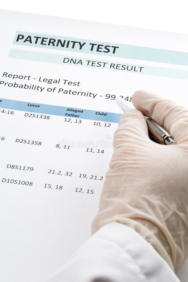 Paternity DNA test result chart form - doctor pointing at result value. Paternity DNA test result chart form - doctor pointing at result value