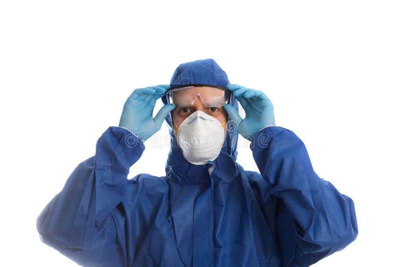 Doctor in Protective Clothing Looking on Blood Sample Stock Photo