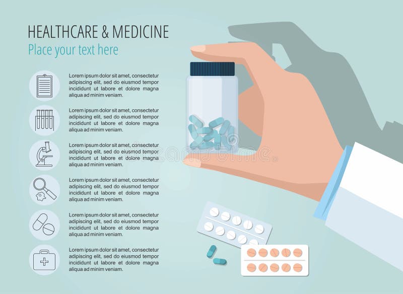 Doctor`s hand showing pills bottle. Vector template. Set medical icons stock illustration Doctor`s hand showing pills bottle. Vector template. Set medical icons stock illustration