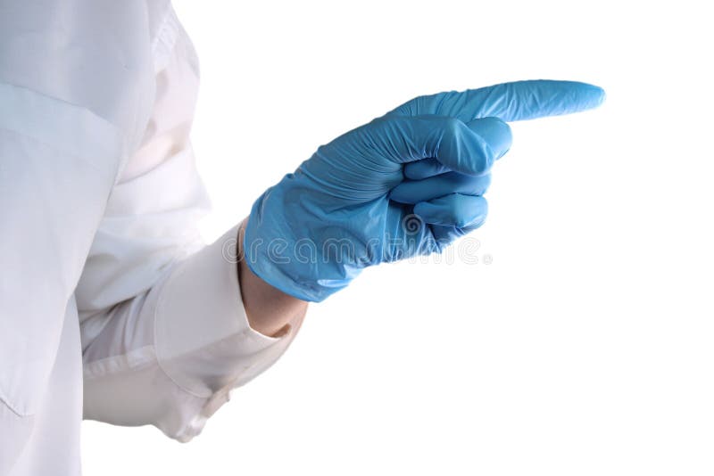 Doctor S Hand Wearing a Blue Medical Glove Pointing in a Direction with