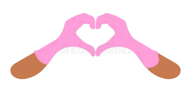 Doctor\\\'s hands with pink latex gloves showing heart sign. Two hands making heart sign Isolated on white background, vector stock illustration
