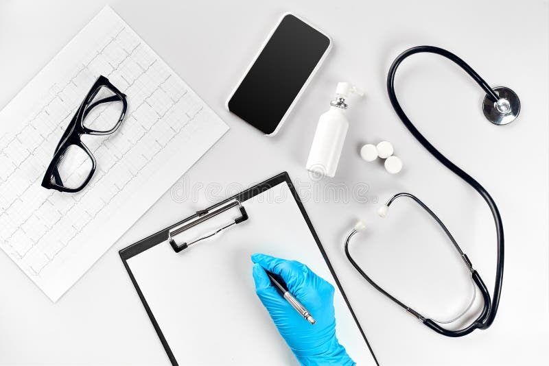 Doctor s table, tools, medical instruments,stethoscope, work in hospital on white background flat lay