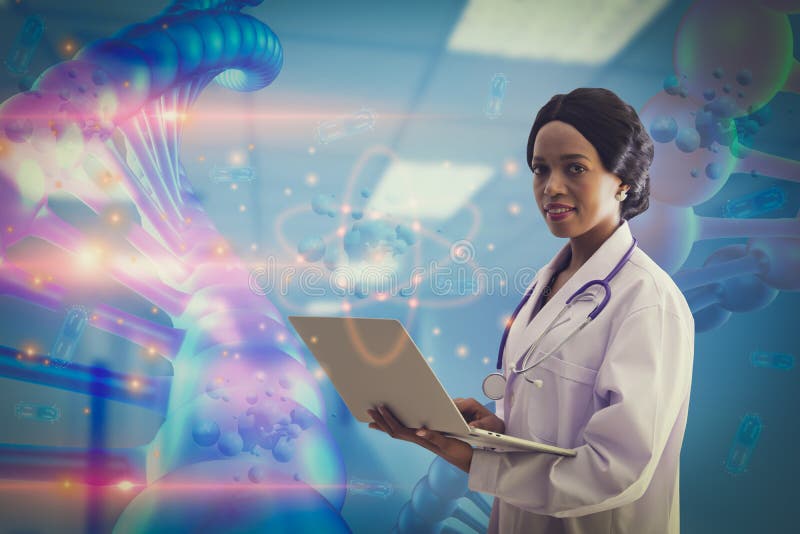 Doctor or scientist holding laptop computer analysis DNA structure molecule chain,medical and genetics,3d render,illustration