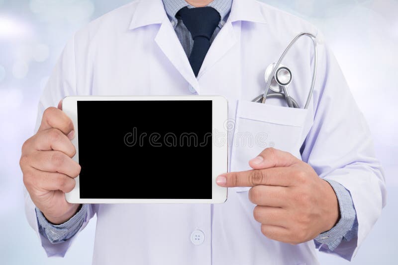 Doctor showing a small white sign, a custom message can be added.