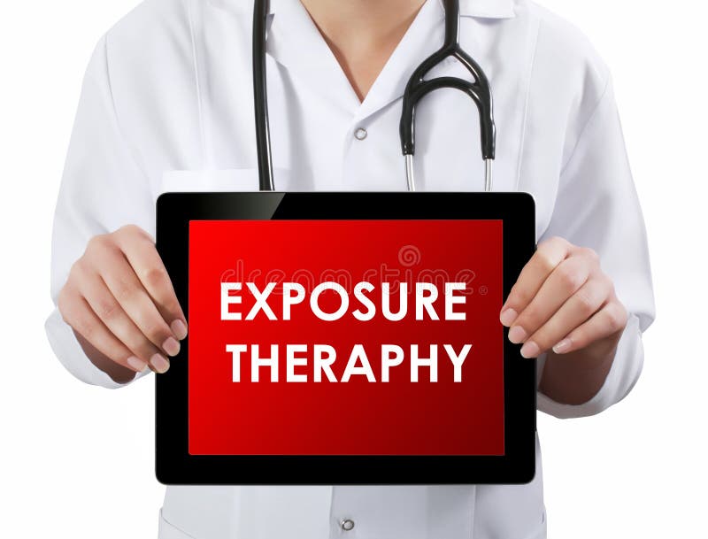 Doctor showing tablet with EXPOSURE THERAPHY text.