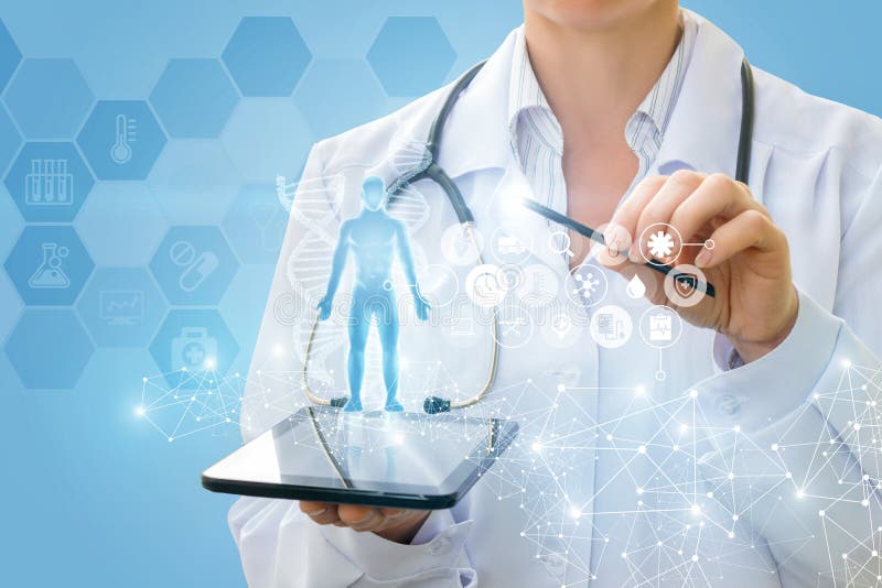 Doctor shows a virtual hologram from your tablet. royalty free stock image