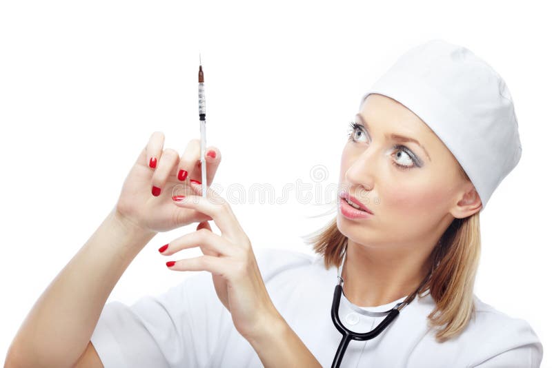 Doctor with single-use syringe