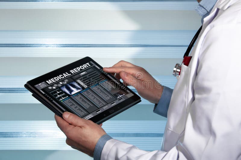 Doctor with tablet data consulting a medical report of a patient royalty free stock photos