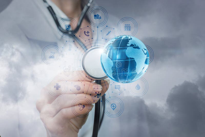 A doctor is touching a bright global map stock photos A doctor is touching a bright global map stock photos